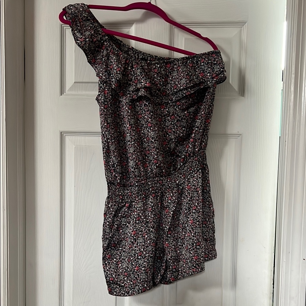 Timing Floral Printed Black Romper with Pink and White Accents